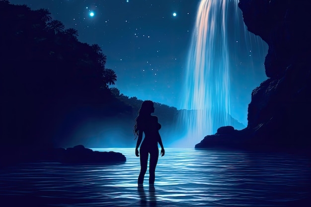 Waterfall bathed in the soft glow of moonlight silhouette of a bathing woman Generative AI