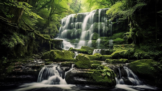 Waterfall cascades in a green forest Generative AI