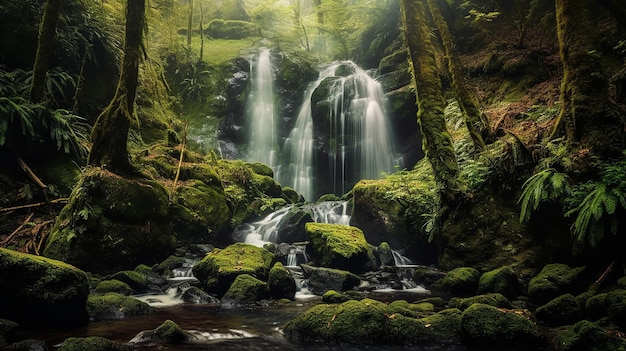 Waterfall cascades in a green forest Generative AI