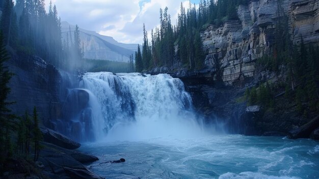 Photo the waterfall cascades with majestic grace a symphony of rushing water and misty spray