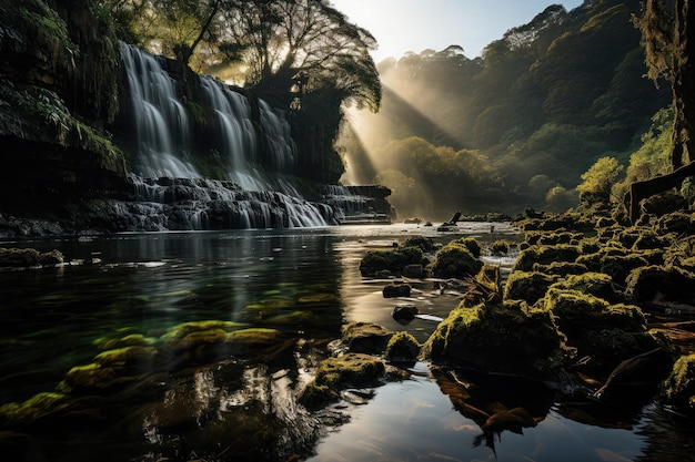 Waterfall cascading down a lush green hill surrounded by vibrant foliage and rocks