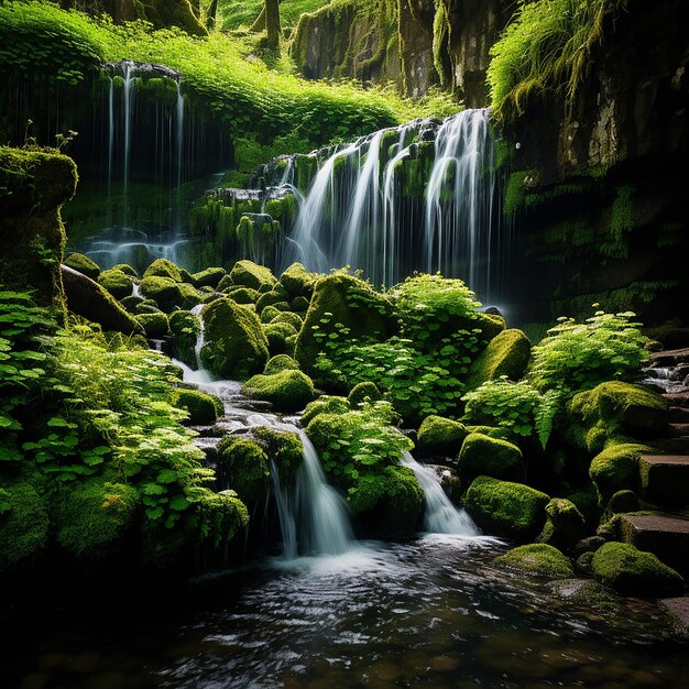 A waterfall cascading down mosscovered rocks