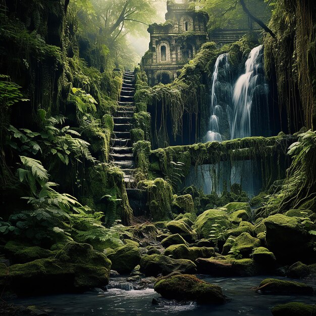 A waterfall cascading down mosscovered rocks