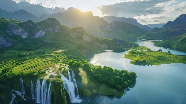 Waterfall Cascading Down Mountainside Into a Serene Lake