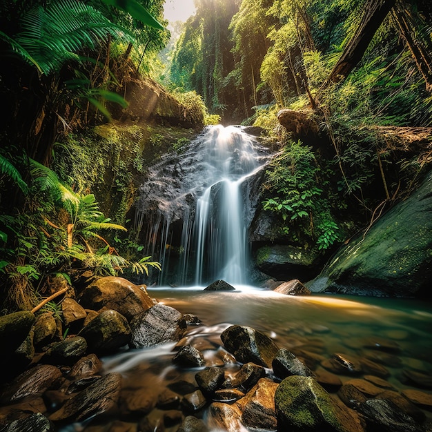 waterfall cascading down a rocky cliff surrounded by lush vegetation