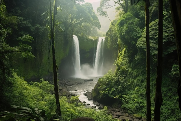 waterfall cascading down a rocky cliff surrounded by lush vegetation