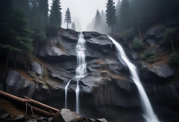 Waterfall cascading down a rocky cliff surrounded by pine trees