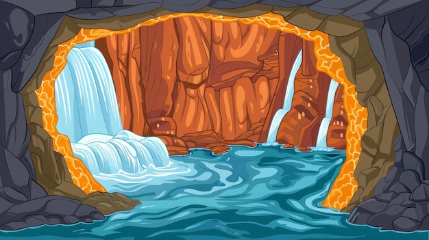 Photo a waterfall cascading into a cave with orange rock walls