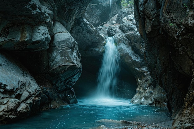 Waterfall cascading into a pristine turquoise pool in a secluded canyon