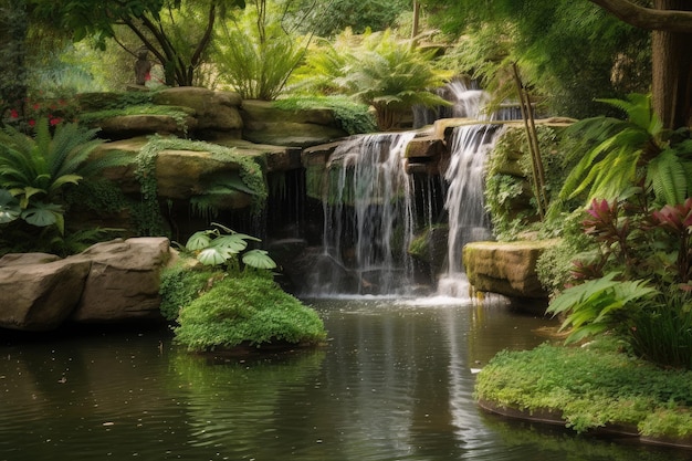 Waterfall cascading into serene pond surrounded by lush greenery