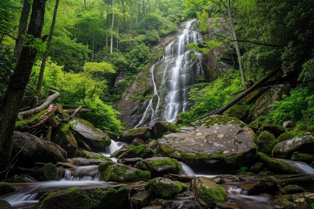 Waterfall cascading through a lush green forest