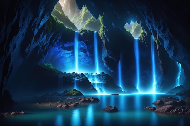 A waterfall in a cave with a blue sky and a green mountain in the background