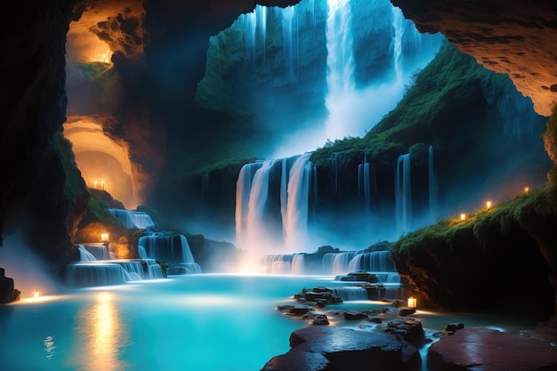 A waterfall in a cave with candles lit up