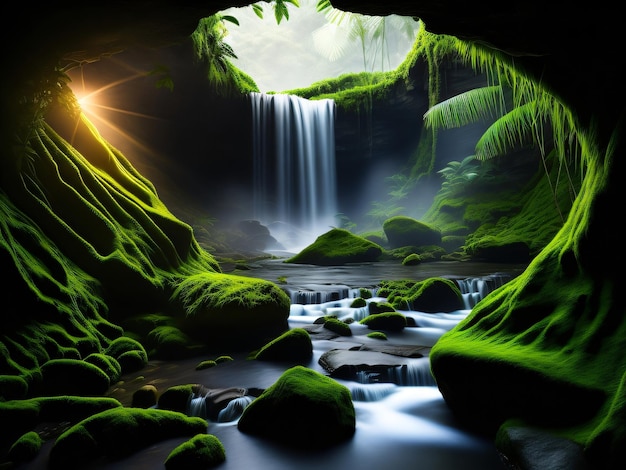 A waterfall in a cave with green moss