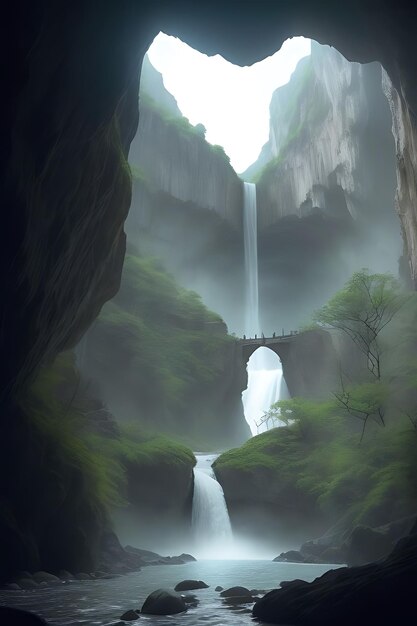 a waterfall in a cave with a waterfall in the background