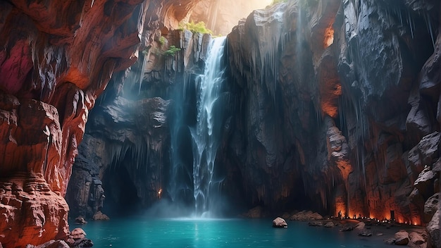 A waterfall in a cave