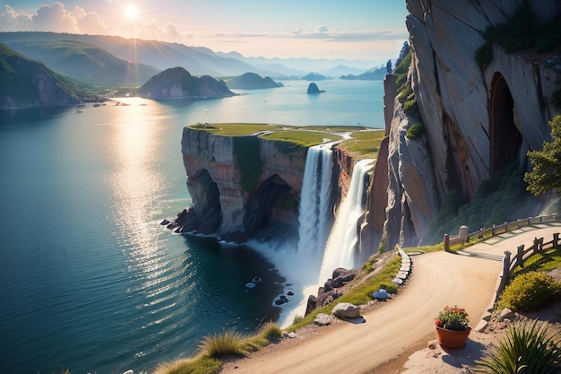 A waterfall on a cliff with a person walking on it