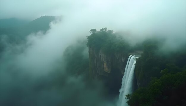 Photo a waterfall in the clouds is surrounded by trees and a waterfall