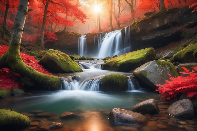 Waterfall Colorful landscape with beautiful waterfall at mountain river in the forest with red foliage at sunset in autumn Trees with red leaves Stones with moss in the water Blurred water Nature