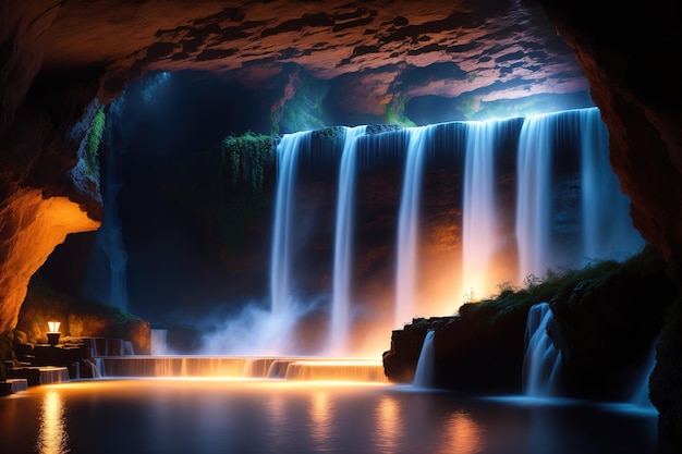 A waterfall in a dark cave with a blue light.