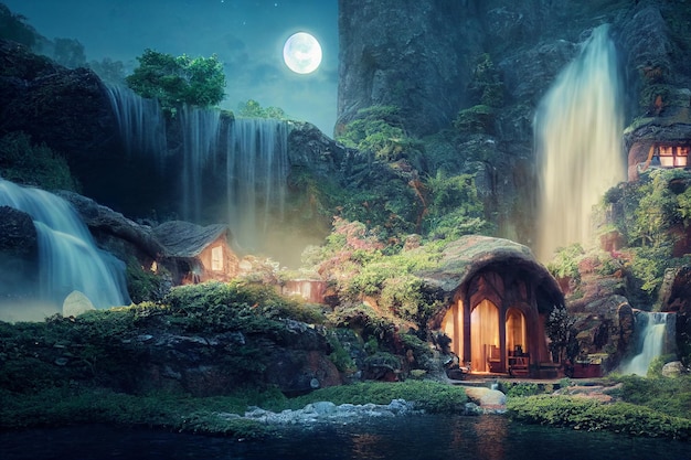 A Waterfall falling From Underneath an Elven House Concept Art Background Image