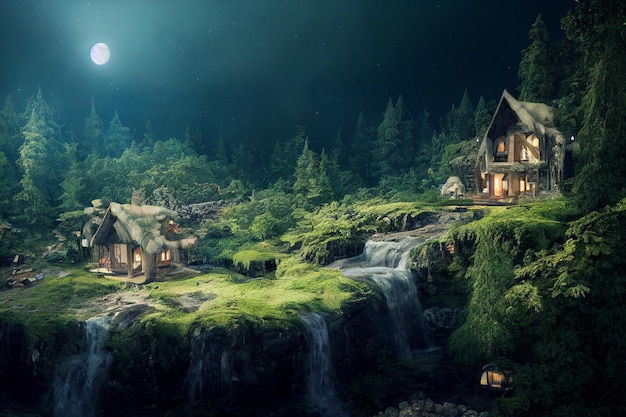 A Waterfall falling From Underneath an Elven House Concept Art Background Image