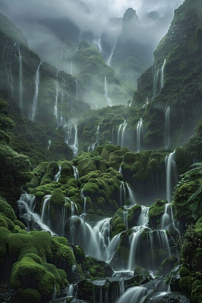 Waterfall Flowing Through Lush Green Forest