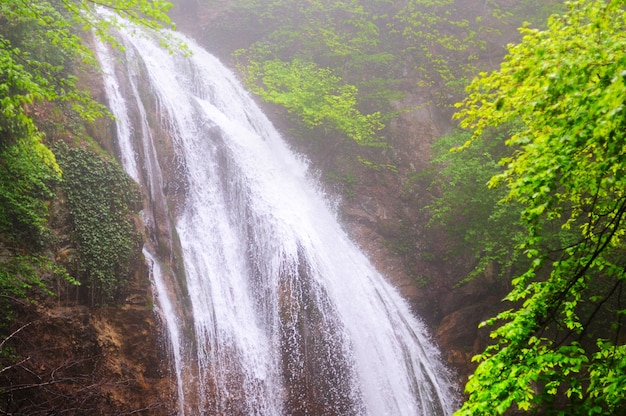 Waterfall flows in mountain forest