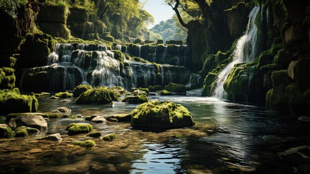 the waterfall flows with splashing drops in sunny weather