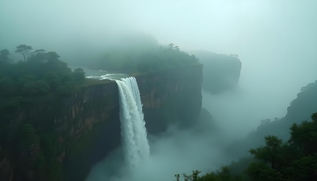 a waterfall in the fog is in the middle of a forest