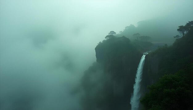 Photo a waterfall in the fog is surrounded by mountains and trees