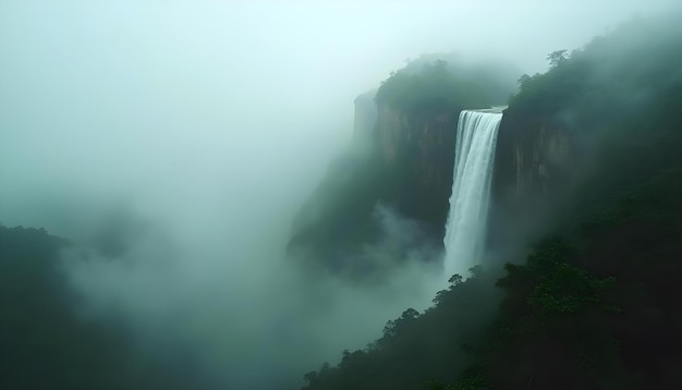 Photo a waterfall in the fog is surrounded by trees and a waterfall