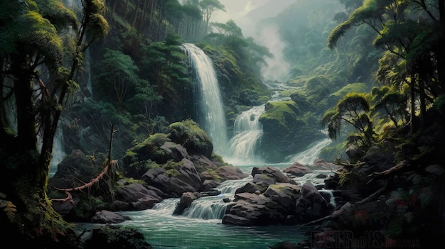 Waterfall in the forest Generative AI