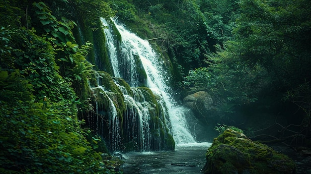 a waterfall in the forest is surrounded by lush green trees