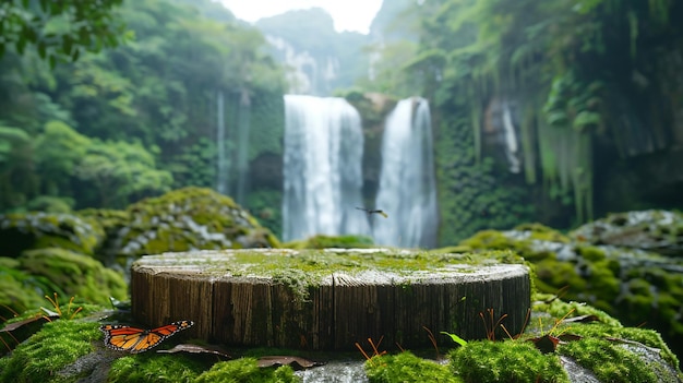 a waterfall in the forest with a bird flying above it