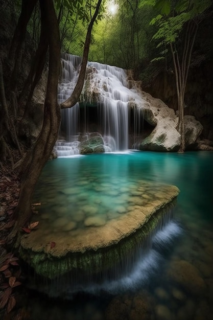 A waterfall in the forest with a blue pool and trees