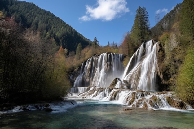 A waterfall in the forest with a blue sky and clouds