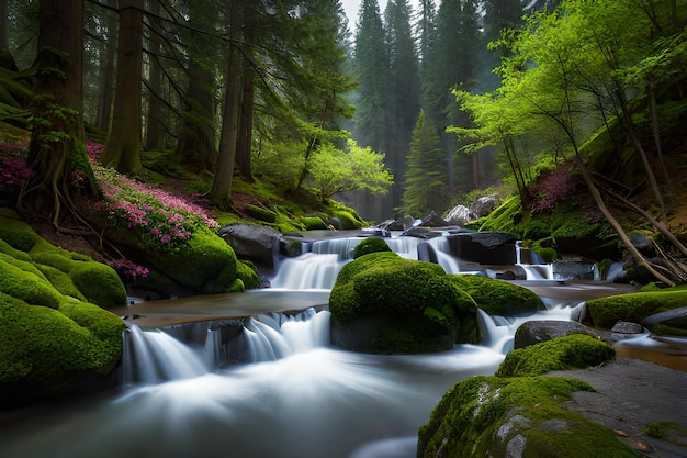 A waterfall in a forest with a green background and a green forest in the background.