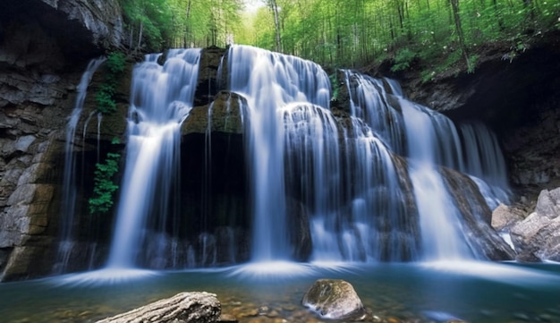 A waterfall in the forest with a green background