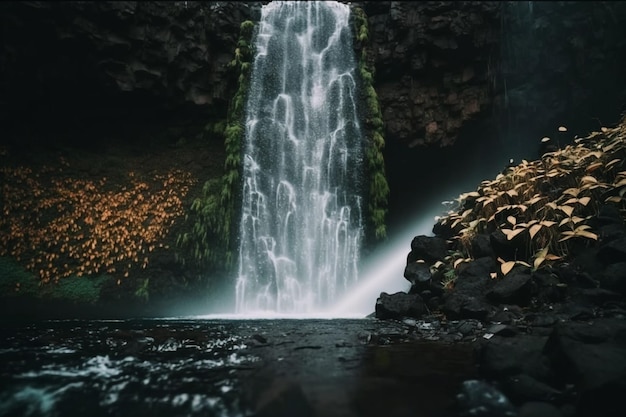 A waterfall in the forest with a green background