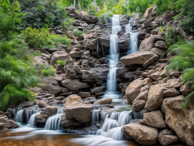 A waterfall in the forest with a green background