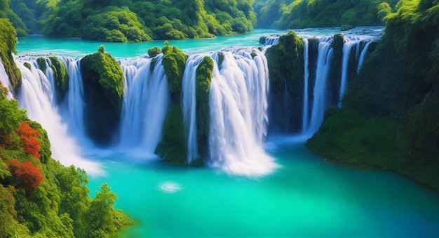 A waterfall in the forest with a green background