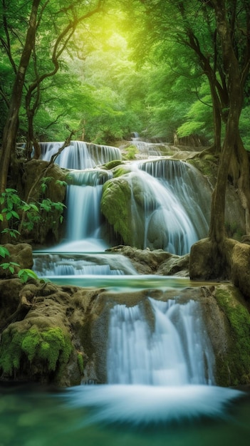 A waterfall in the forest with a green background