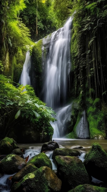 A waterfall in the forest with a green background