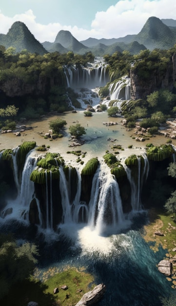 A waterfall in the forest with a green background