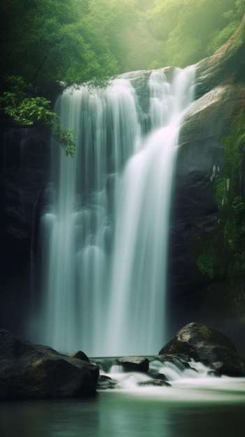 A waterfall in the forest with green leaves and a white water droplet.