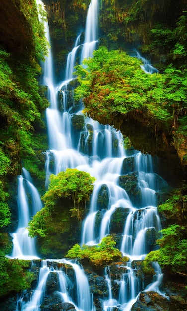 A waterfall in the forest with green moss