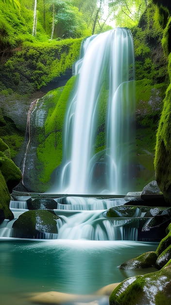 A waterfall in the forest with green moss