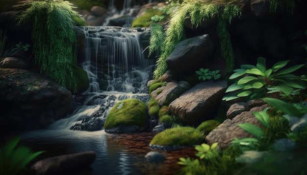 A waterfall in the forest with green plants