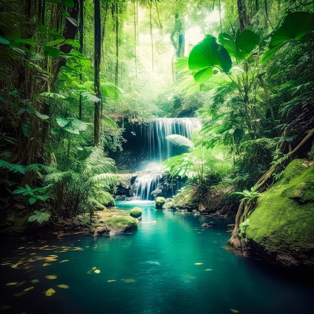 A waterfall in a forest with a green tree in the background